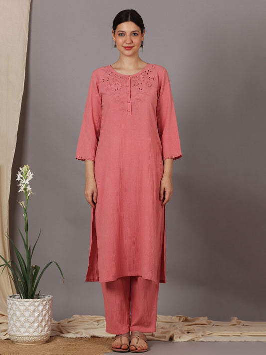 ROSE PINK CUTWORK EMBROIDERED COTTON KURTA