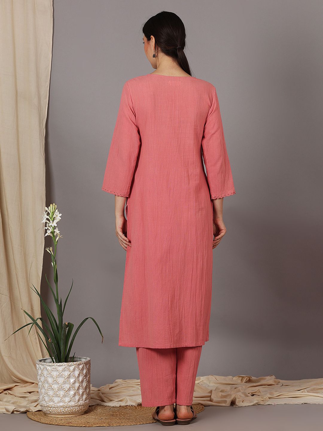 ROSE PINK CUTWORK EMBROIDERED COTTON KURTA WITH PANTS