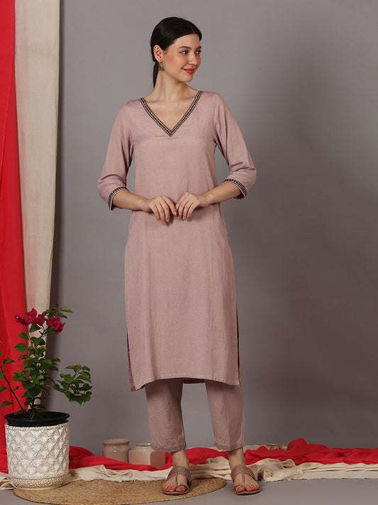 DUSTY PINK V-NECK EMBELLISHED KURTA