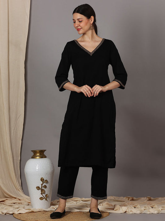 BLACK V-NECK EMBELLISHED KURTA