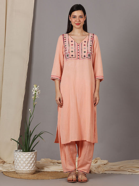 PEACH FRONT MULTI COLORED EMBROIDERED KURTI WITH SALWAR