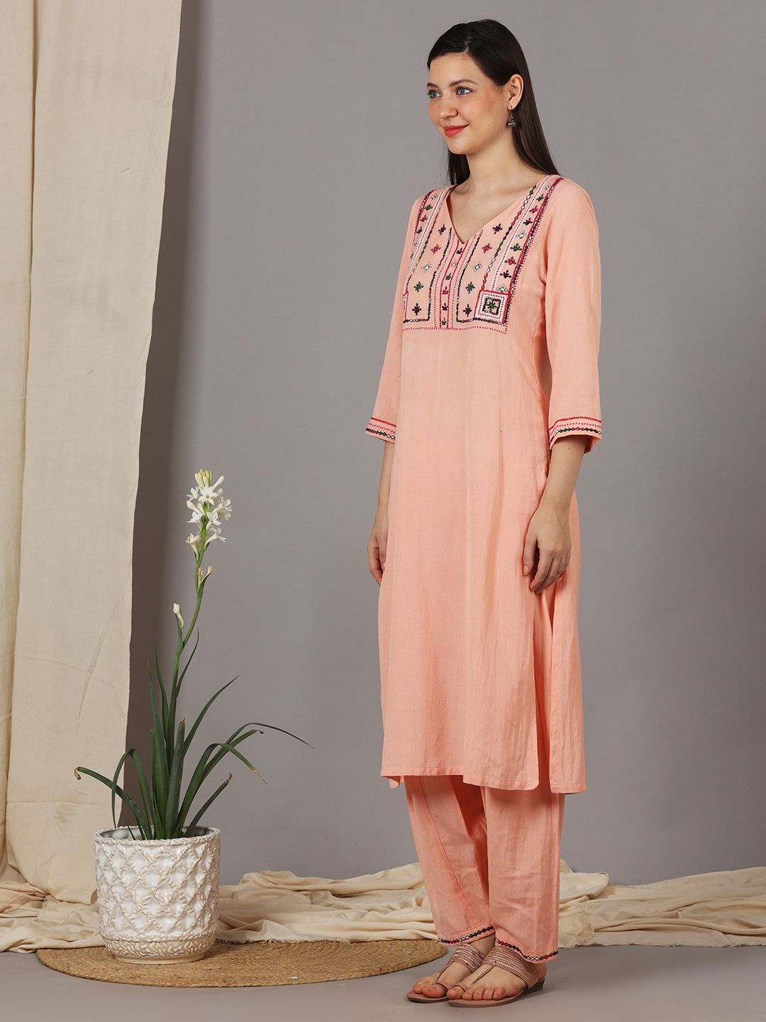 PEACH FRONT MULTI COLORED EMBROIDERED KURTI