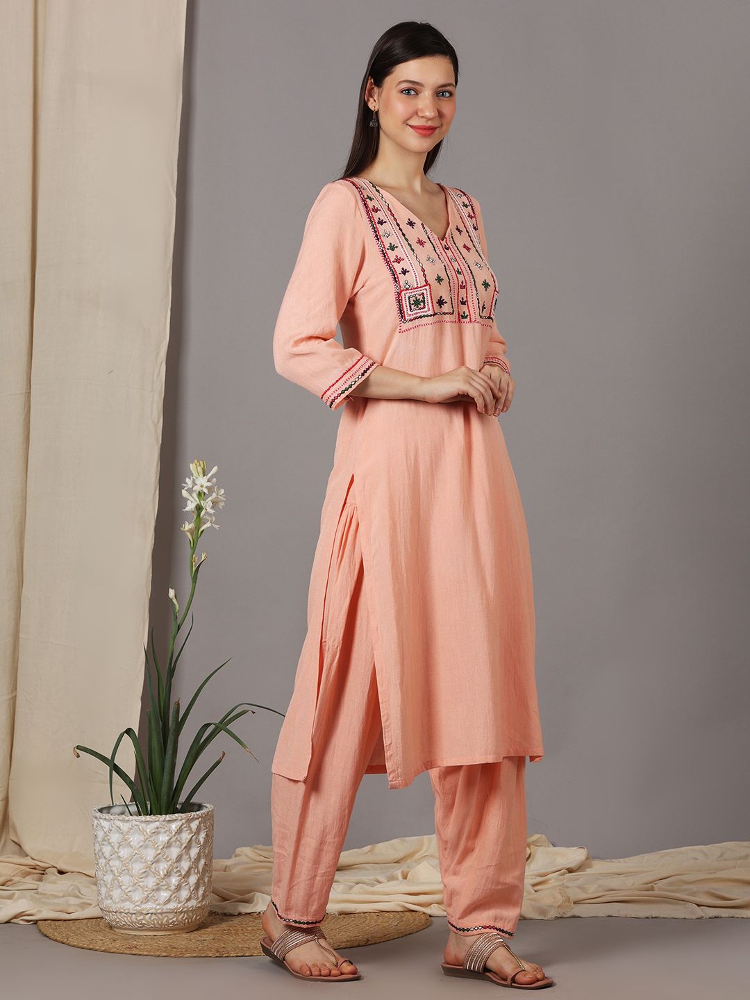 PEACH FRONT MULTI COLORED EMBROIDERED KURTI WITH SALWAR