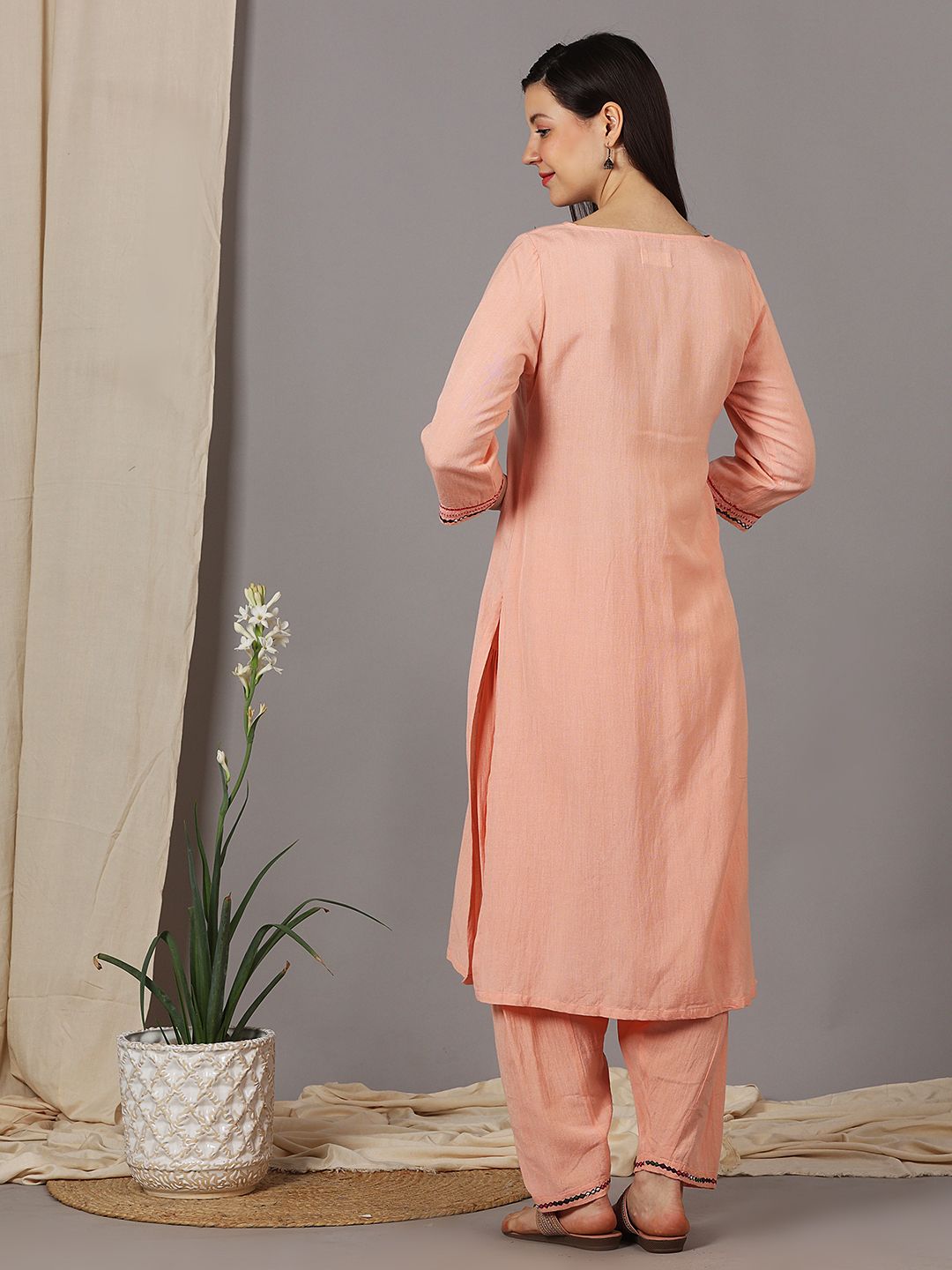 PEACH FRONT MULTI COLORED EMBROIDERED KURTI WITH SALWAR