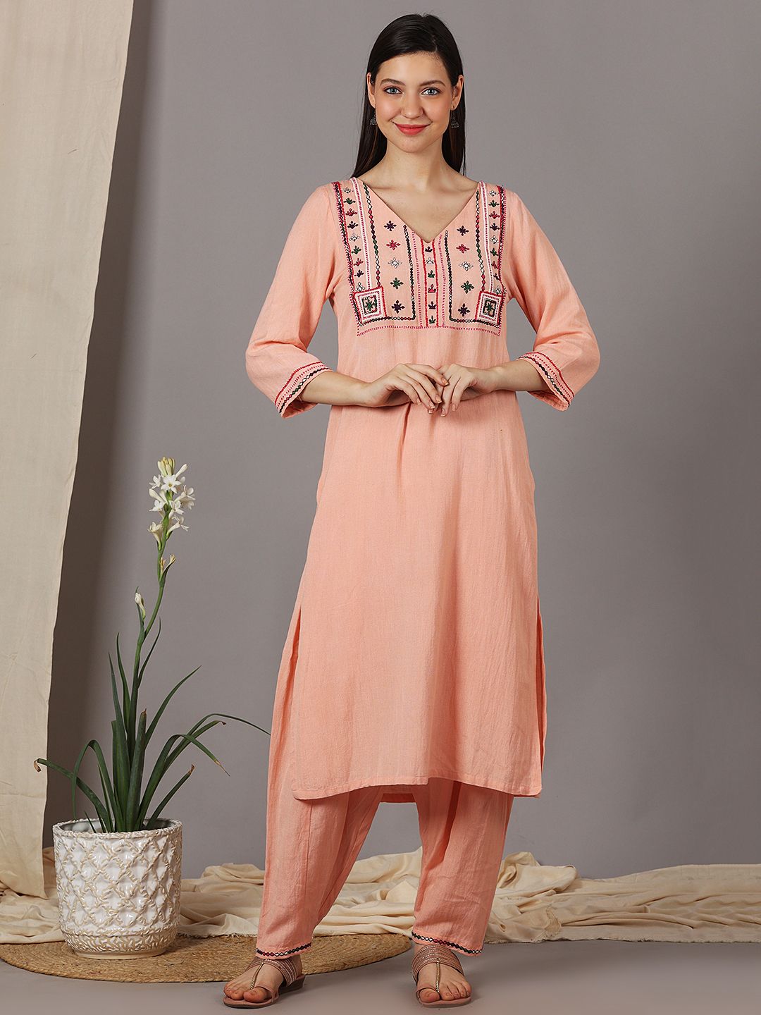 PEACH FRONT MULTI COLORED EMBROIDERED KURTI