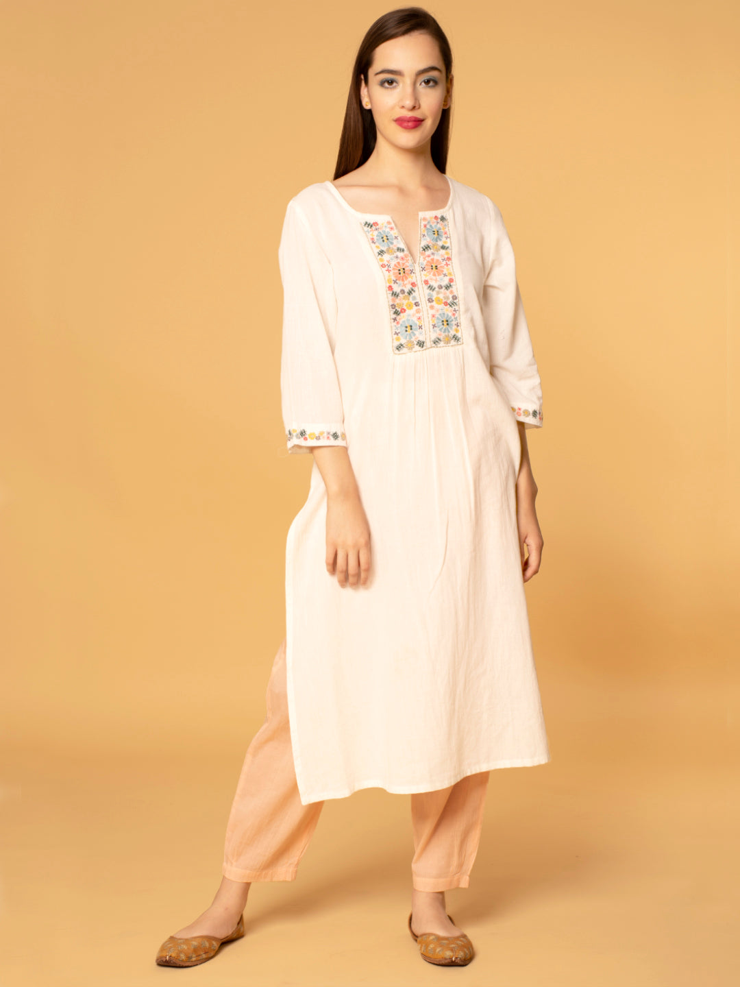 IVORY COTTON SLUB PLEATED KURTA WITH PANTS