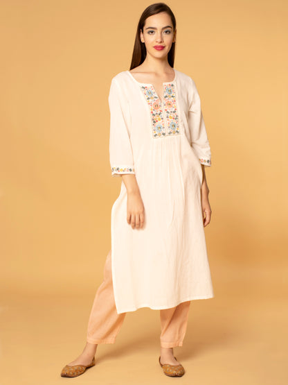 IVORY COTTON SLUB PLEATED KURTA WITH PANTS