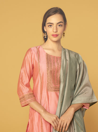 PASTEL PINK EMBROIDERED CHANDERI KURTA WITH PANTS