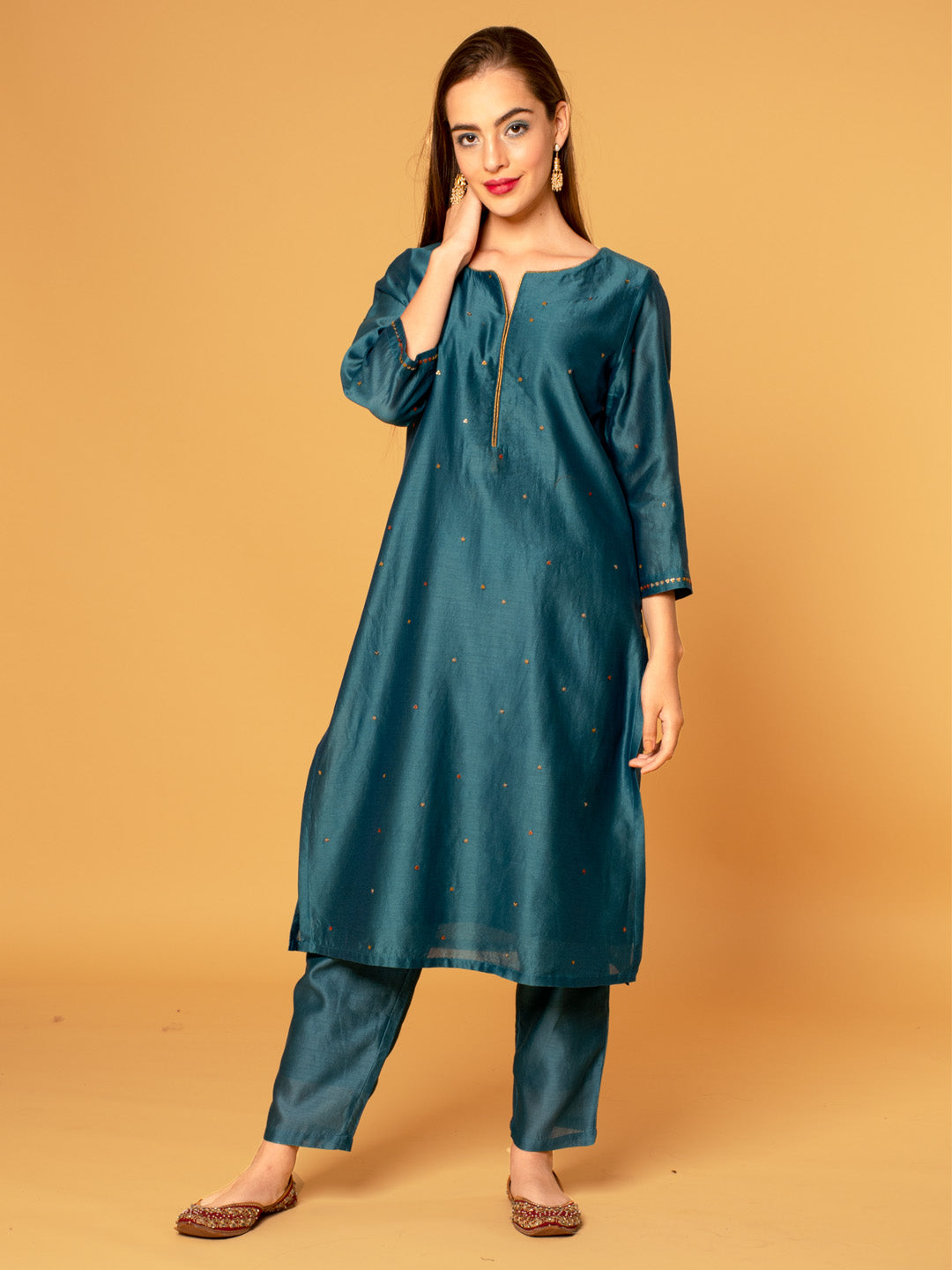 TEAL BLUE SEQUINS EMBROIDERED CHANDERI KURTA WITH PANTS