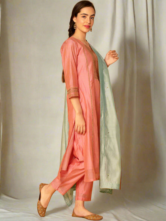 PASTEL PINK EMBROIDERED CHANDERI KURTA WITH PANTS