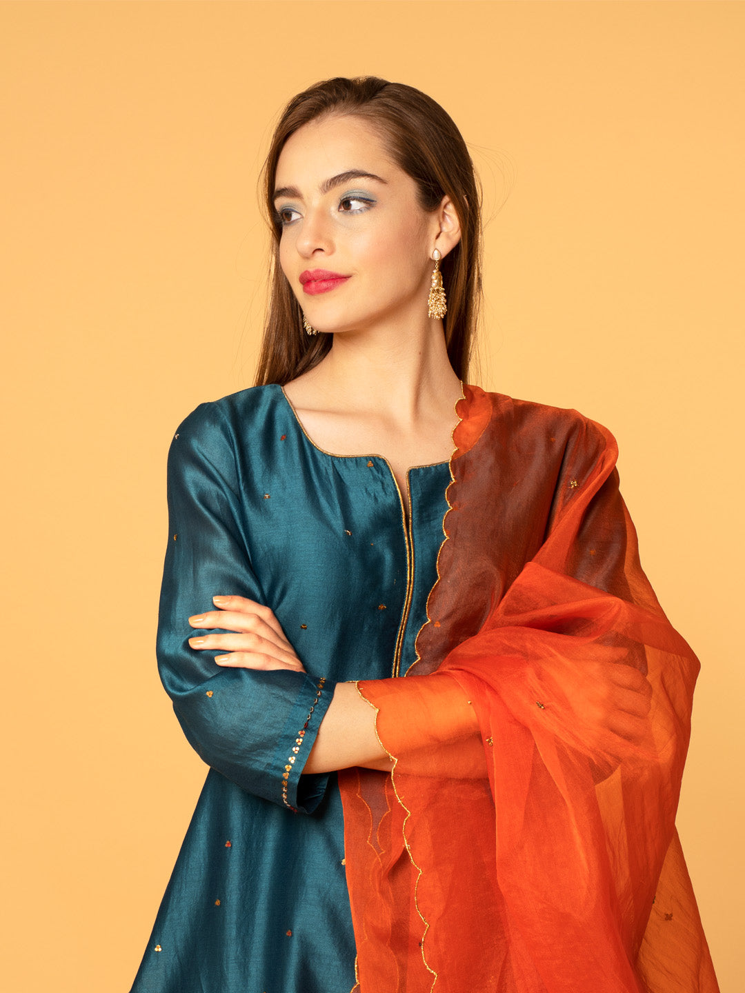 TEAL BLUE SEQUINS EMBROIDERED CHANDERI KURTA WITH PANTS